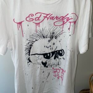 Ed Hardy White Tee with Pink Drip Logo and Black Skull